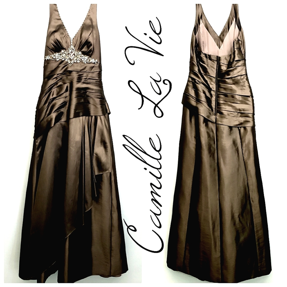 Camille La Vie Brown Halter Gown  Embellished with Rhinestones and Beads